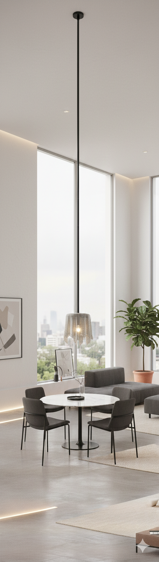Kichler draped-shade pendant in a tall-ceiling room