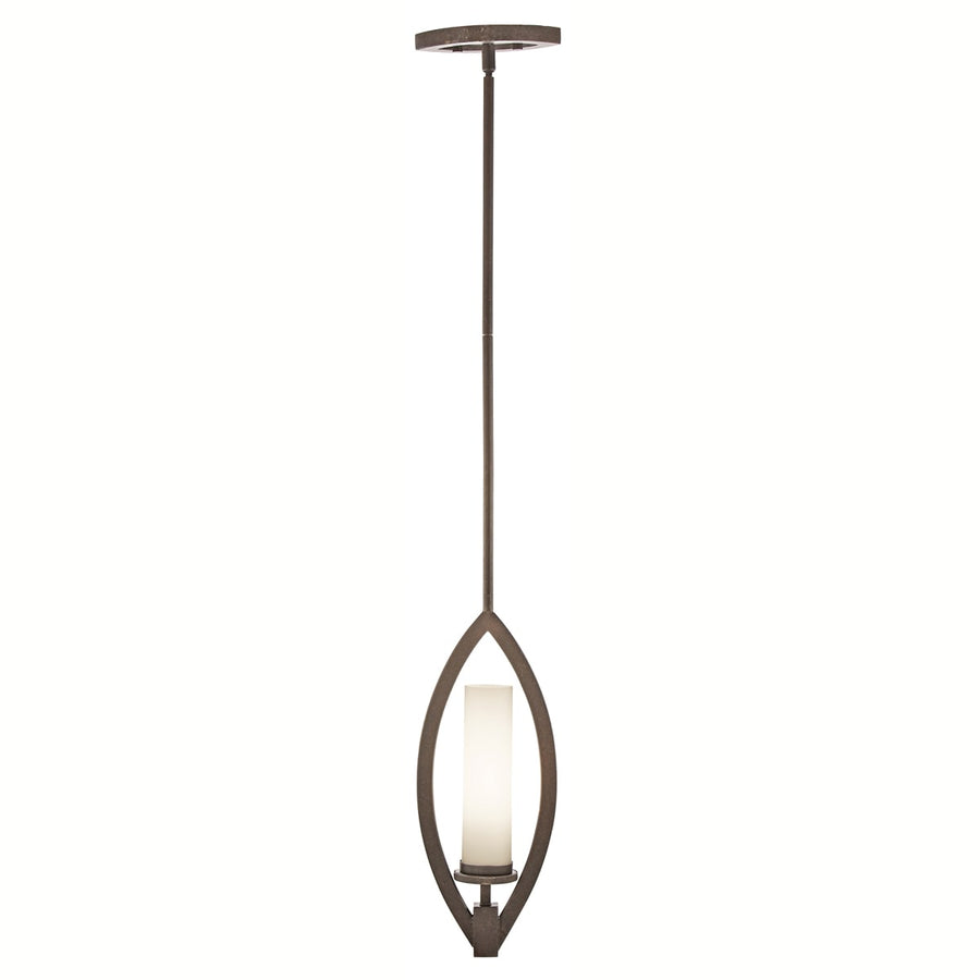 Kichler Neptune Place Colton Bronze pendant with a long stem and pointed oval frame around a pale cylinder