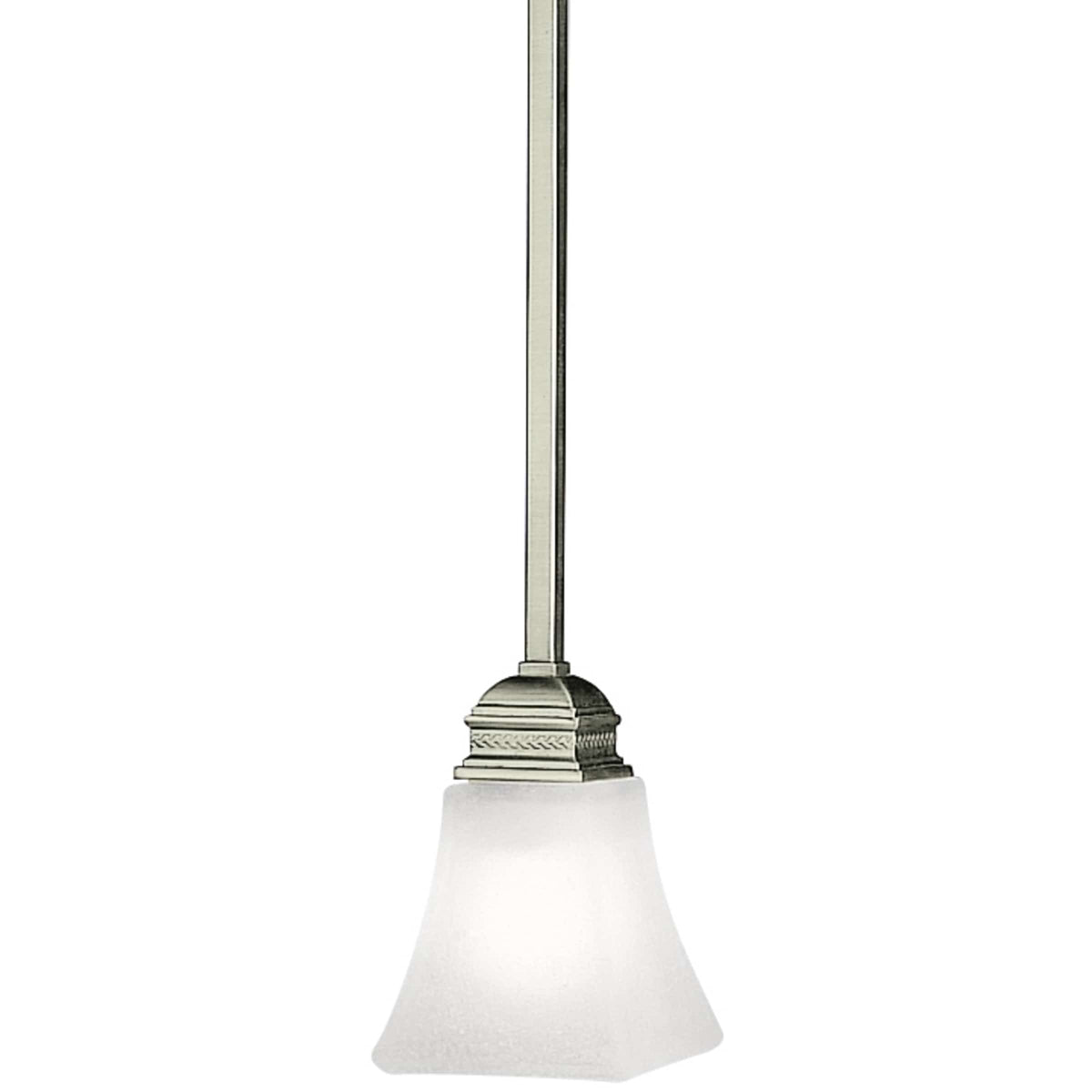 Kichler Polygon 3369AP Antique Pewter one-light mini pendant with white linen textured seedy glass