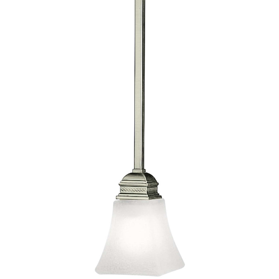 Kichler Polygon 3369AP Antique Pewter one-light mini pendant with white linen textured seedy glass