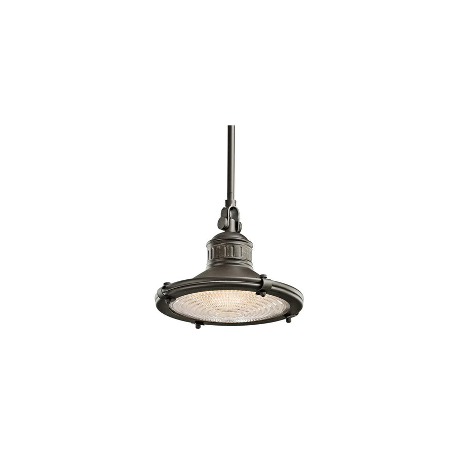 Kichler Sayre Olde Bronze mini-pendant head with a shallow clipped shade and concentric lower lens