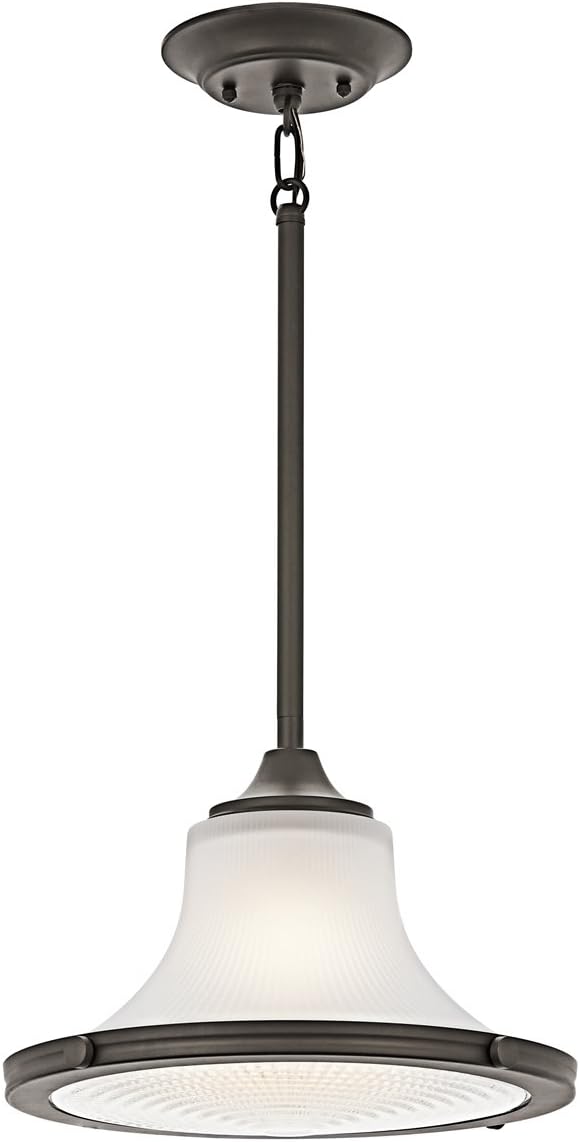Kichler Searcy Street pendant showing its canopy, short chain transition, stem and flared glass shade.