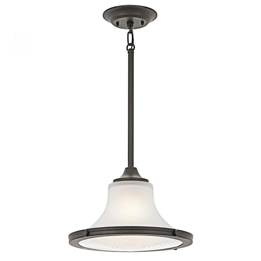 Kichler Searcy Street Olde Bronze pendant with a flared etched-glass shade, broad rim and clear lower diffuser.