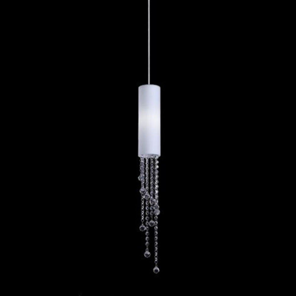 Kuzco pendant with a slender white opal cylinder and cascading clear crystal strands beneath chrome detailing.