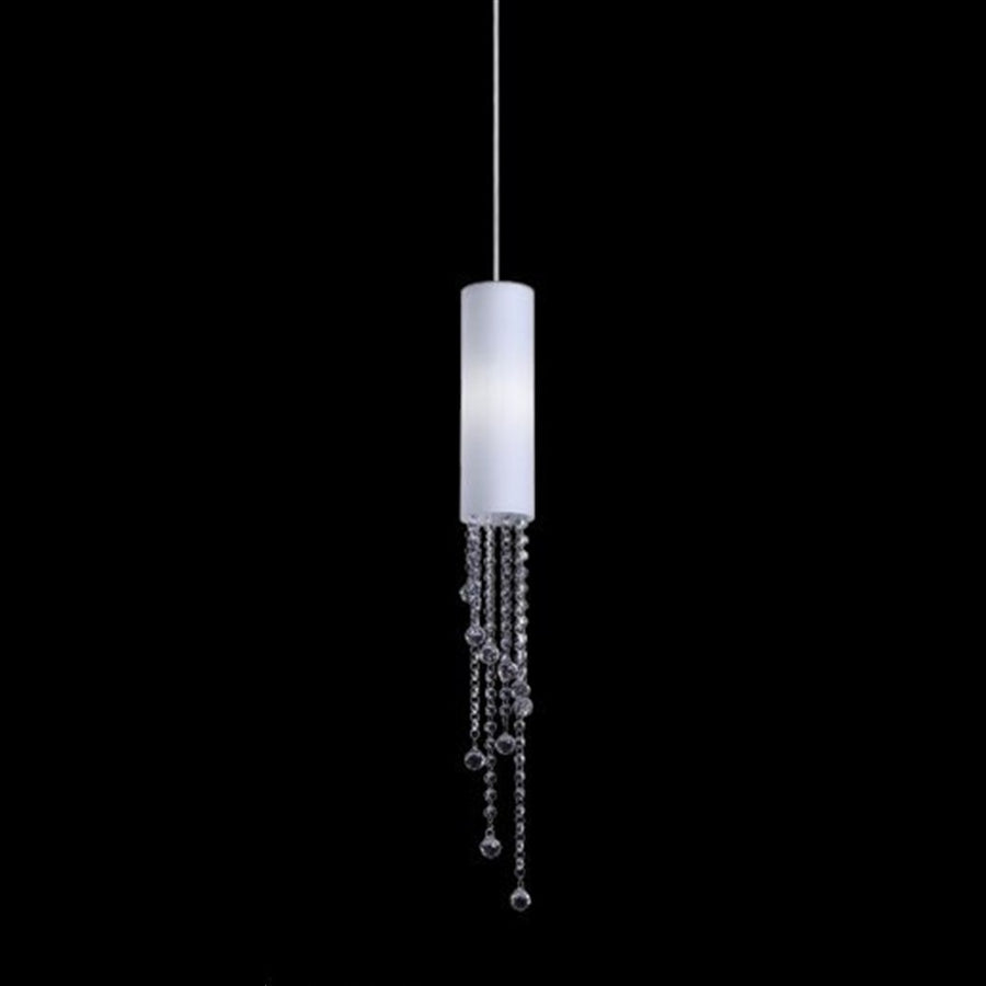 Kuzco pendant with a slender white opal cylinder and cascading clear crystal strands beneath chrome detailing.