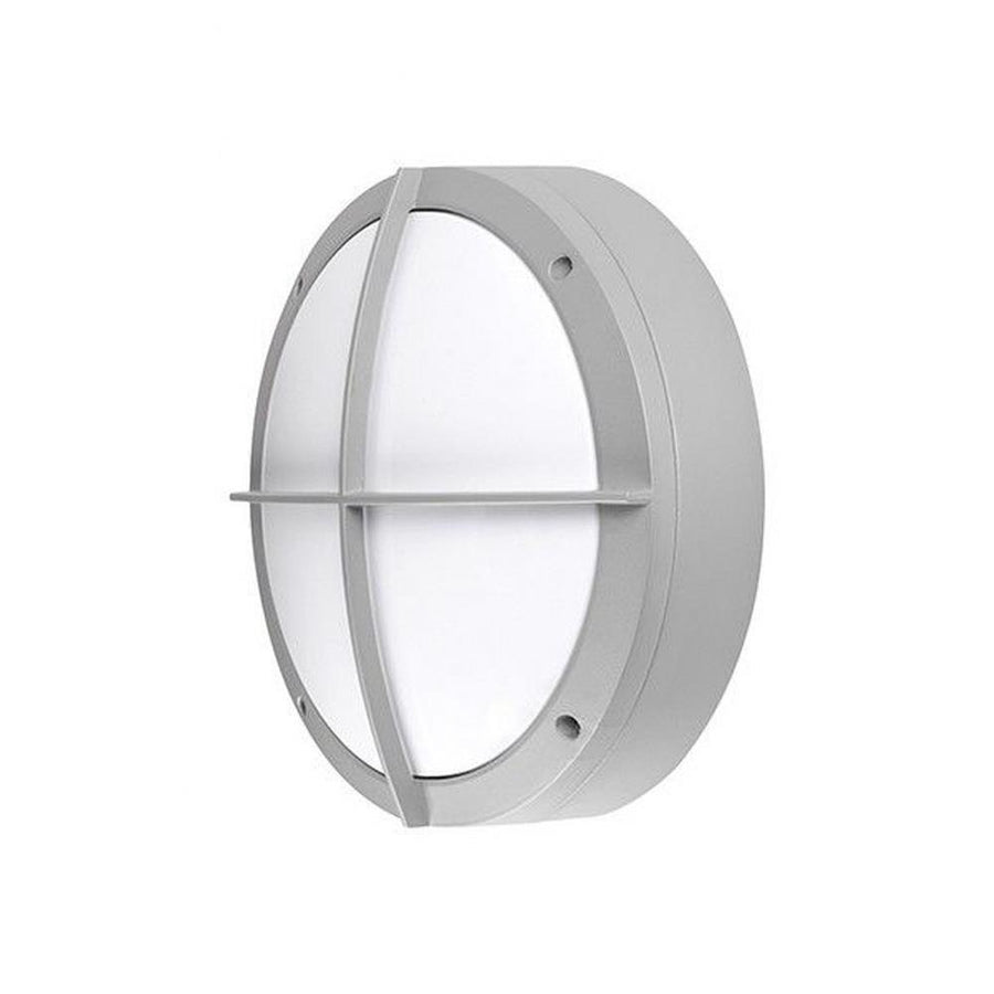 Kuzco EW1811-GY round grey light with a white domed diffuser and cross-shaped front ribs.