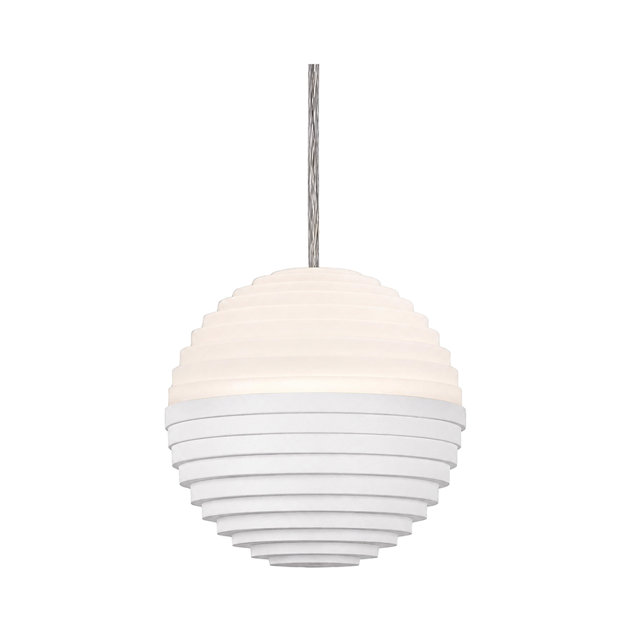White Supernova pendant with a ribbed spherical body suspended from a white cord.