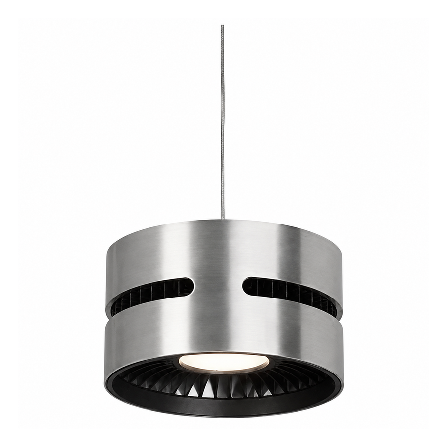 Kuzco Oxford PD6705-BN pendant with a Brushed Nickel slotted cylinder and dark fin-like underside