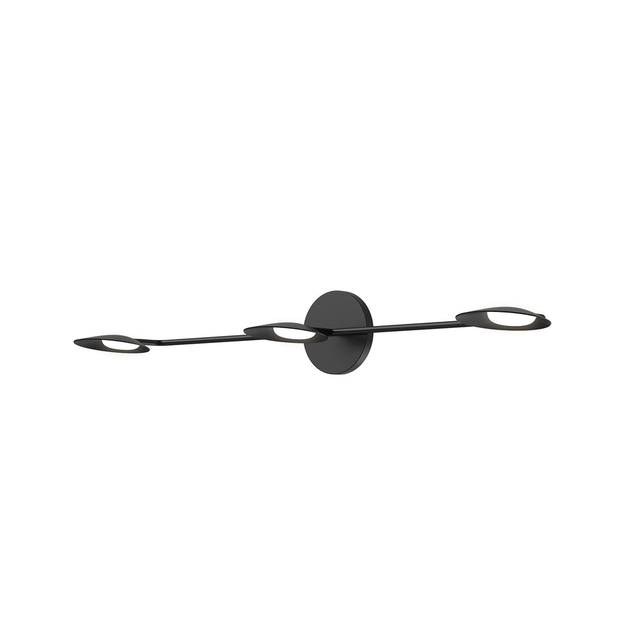 Rotaire vanity light with a slender black bar and three flat oval light heads.