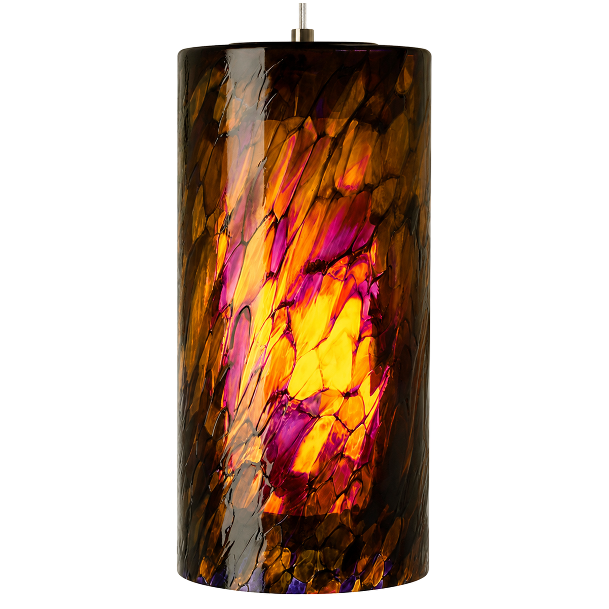 LBL Lighting Abbey Grande LF500AMPSC2D75 pendant with an illuminated amber-and-purple art-glass cylinder