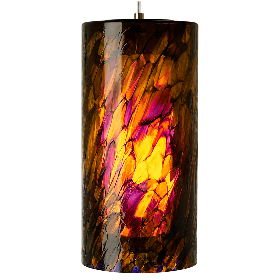 LBL Lighting Abbey Grande LF500AMPSC2D75 pendant with an illuminated amber-and-purple art-glass cylinder