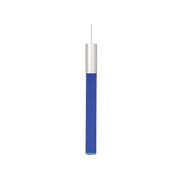 LBL Lighting Neutron pendant element with a slim blue cylinder and satin-nickel upper housing