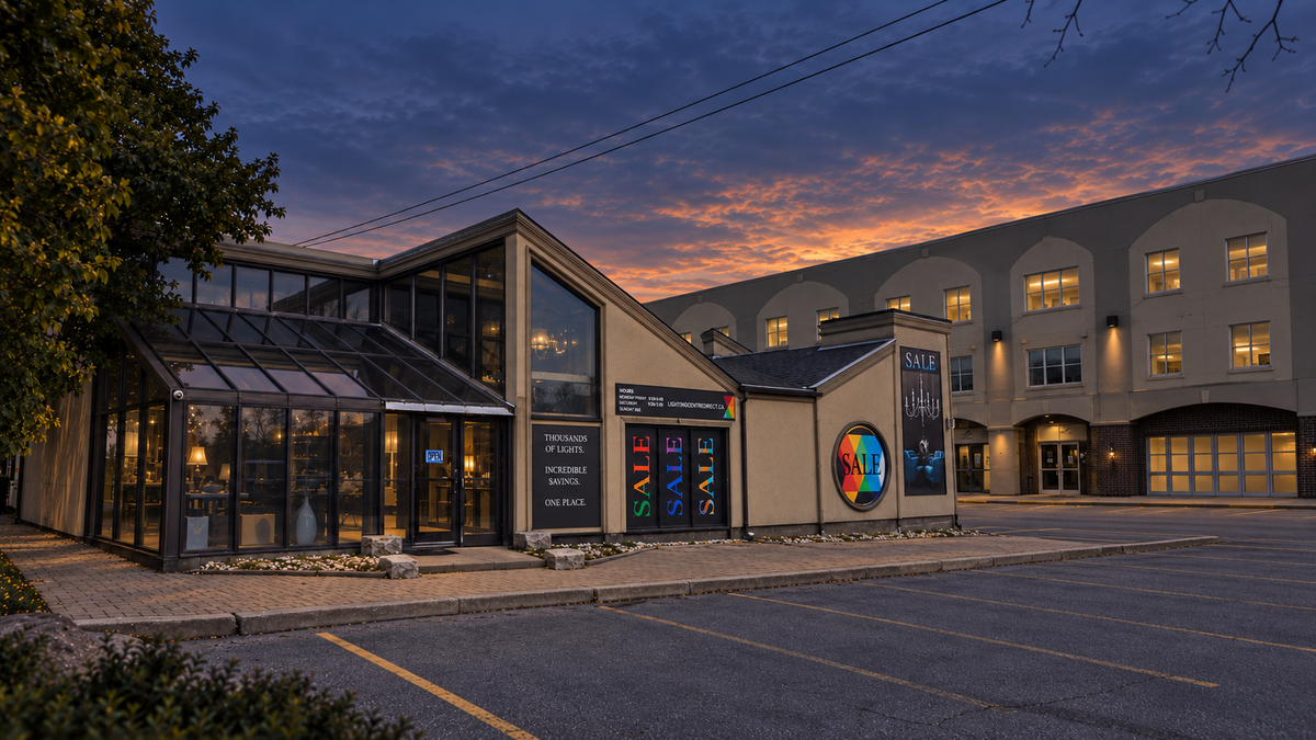 The Lighting Centre showroom in Oakville at dusk