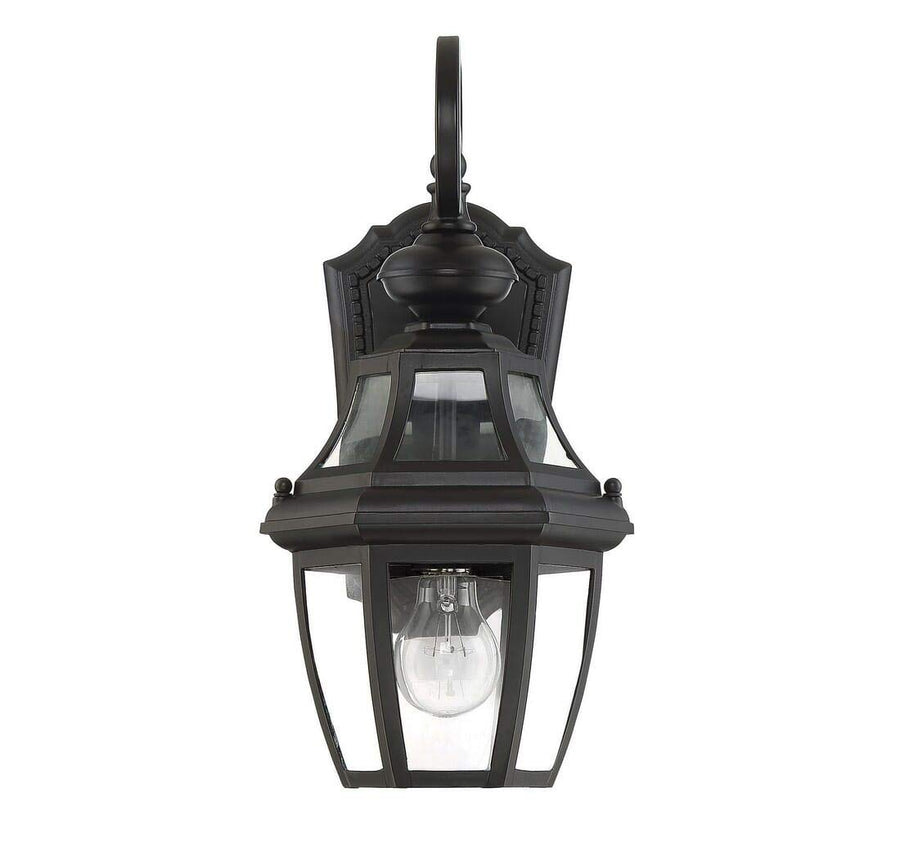Savoy House Endorado Black wall lantern with curved clear glass and a moulded backplate