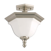 Price Pfister Catalina 7695-71 semi-flush light with a white shaped bowl, nickel rim and turned finial.
