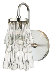 Stone Lighting Droplets WS102CRPNM3 wall sconce with clear drop tiers, a curved arm and round nickel plate