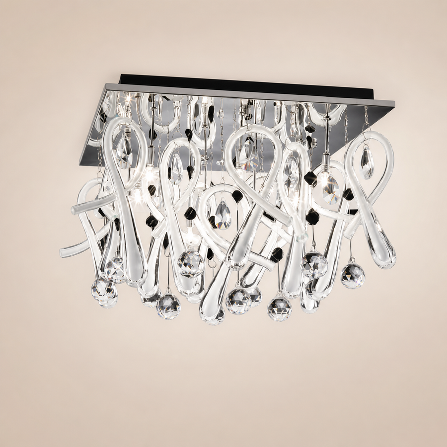 Mantra Class 0727 flush mount with clear loops, faceted drops and small black accents beneath a square canopy.
