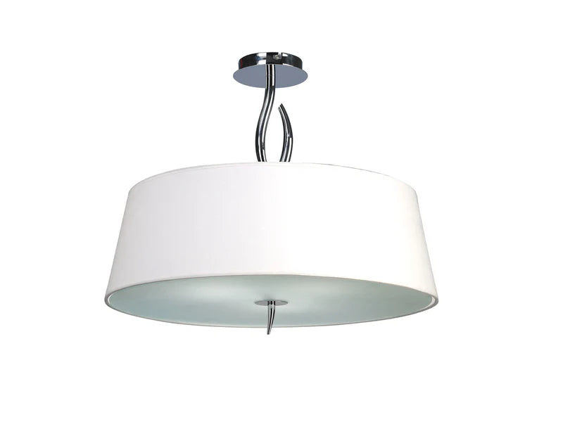 Mantra Ninette chrome ceiling light with a white drum shade, short curved supports and a pale bottom diffuser.