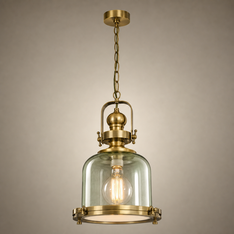 Mantra Vintage 4972 pendant with a clear bell shade, warm-toned metal frame and chain suspension.