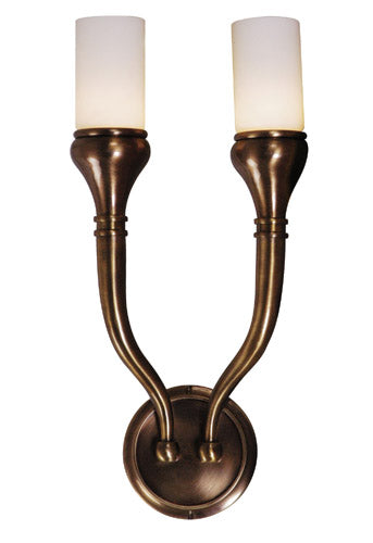 Mariana Zephyr 950204 two-light wall sconce in Burnished Brass with pale cylindrical shades