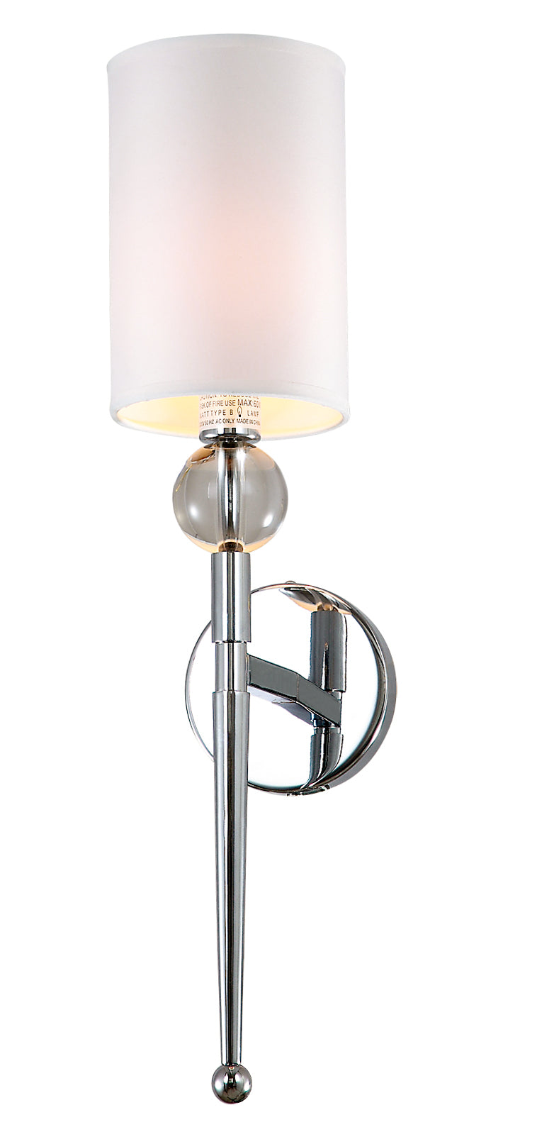 Fascio wall sconce with a tall white cylindrical shade, clear spherical accent and long tapering chrome stem.