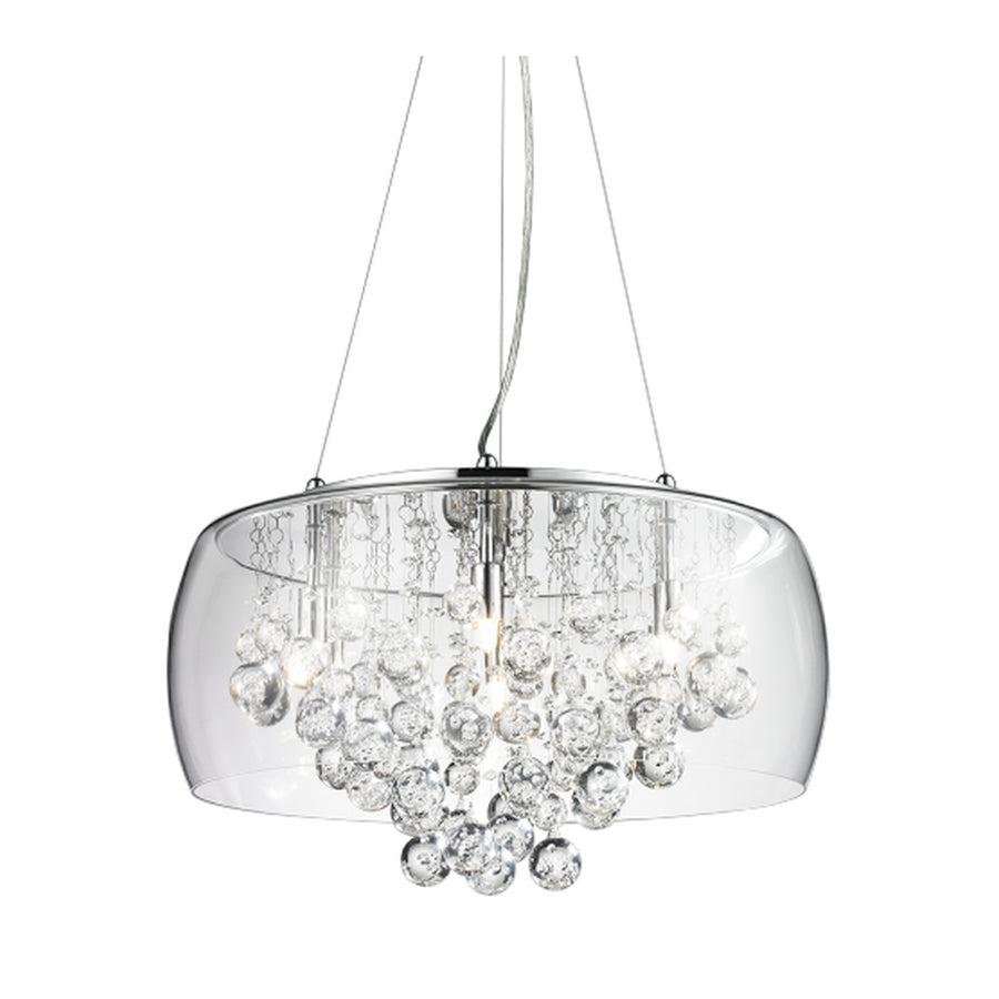 Matteo M21006 glass bubble pendant with chrome rim and a descending droplet cluster, larger white-background view.
