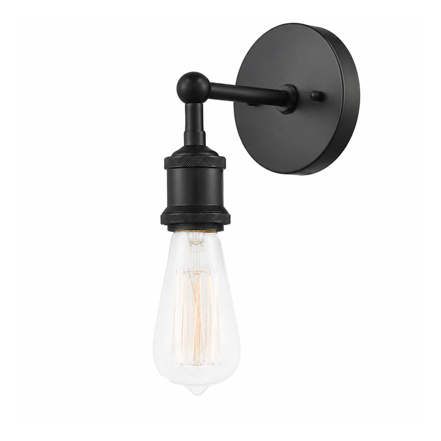 Black industrial wall sconce with a round backplate, knurled socket and one exposed clear bulb.