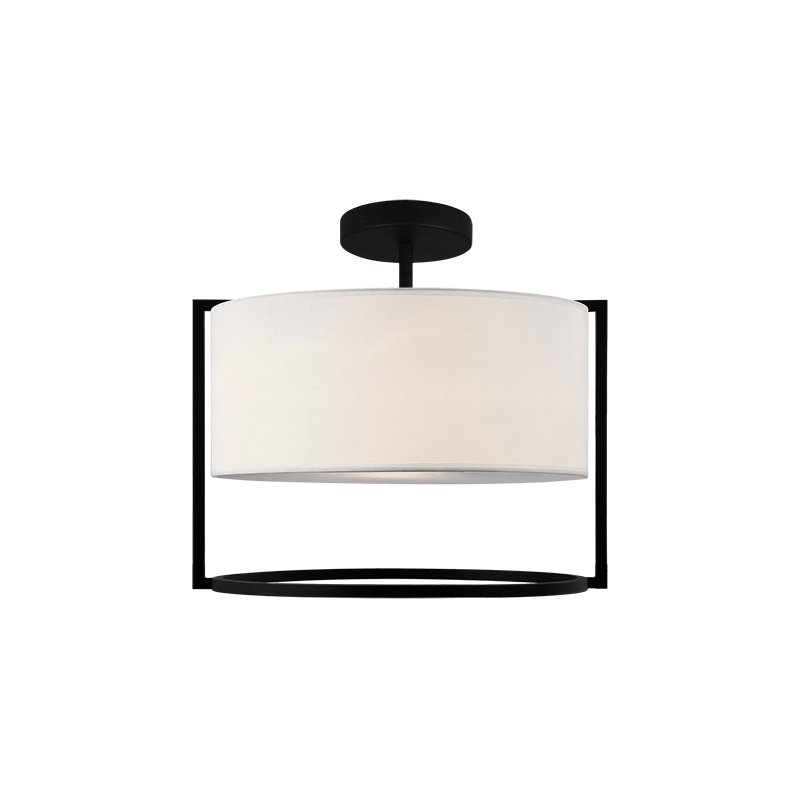 Front view of Nagashi ceiling light showing its short stem, white drum shade and open lower ring.