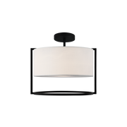 Nagashi semi-flush ceiling light with a white drum shade, dark geometric frame and lower open ring.