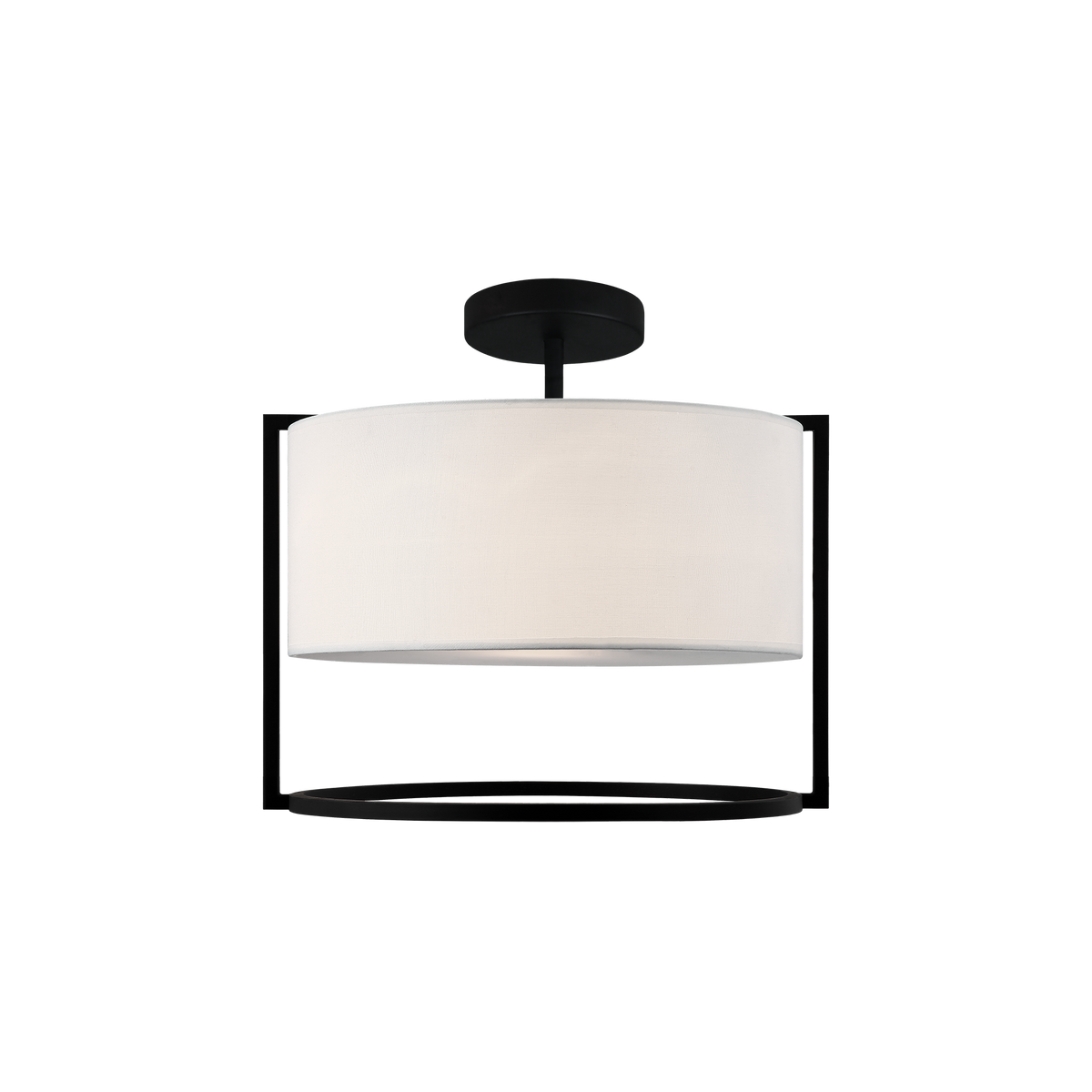 Nagashi semi-flush ceiling light with a white drum shade, dark geometric frame and lower open ring.