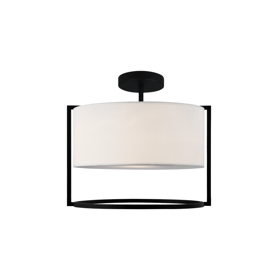 Nagashi semi-flush ceiling light with a white drum shade, dark geometric frame and lower open ring.