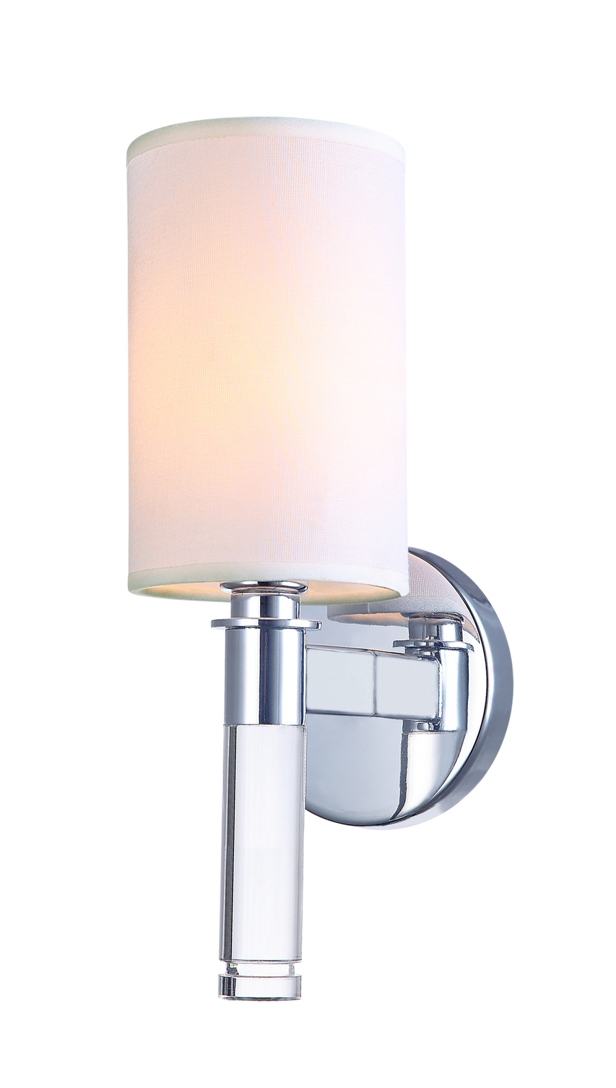 Matteo W52701CH wall sconce with a white cylindrical shade, chrome round backplate and clear-looking lower stem