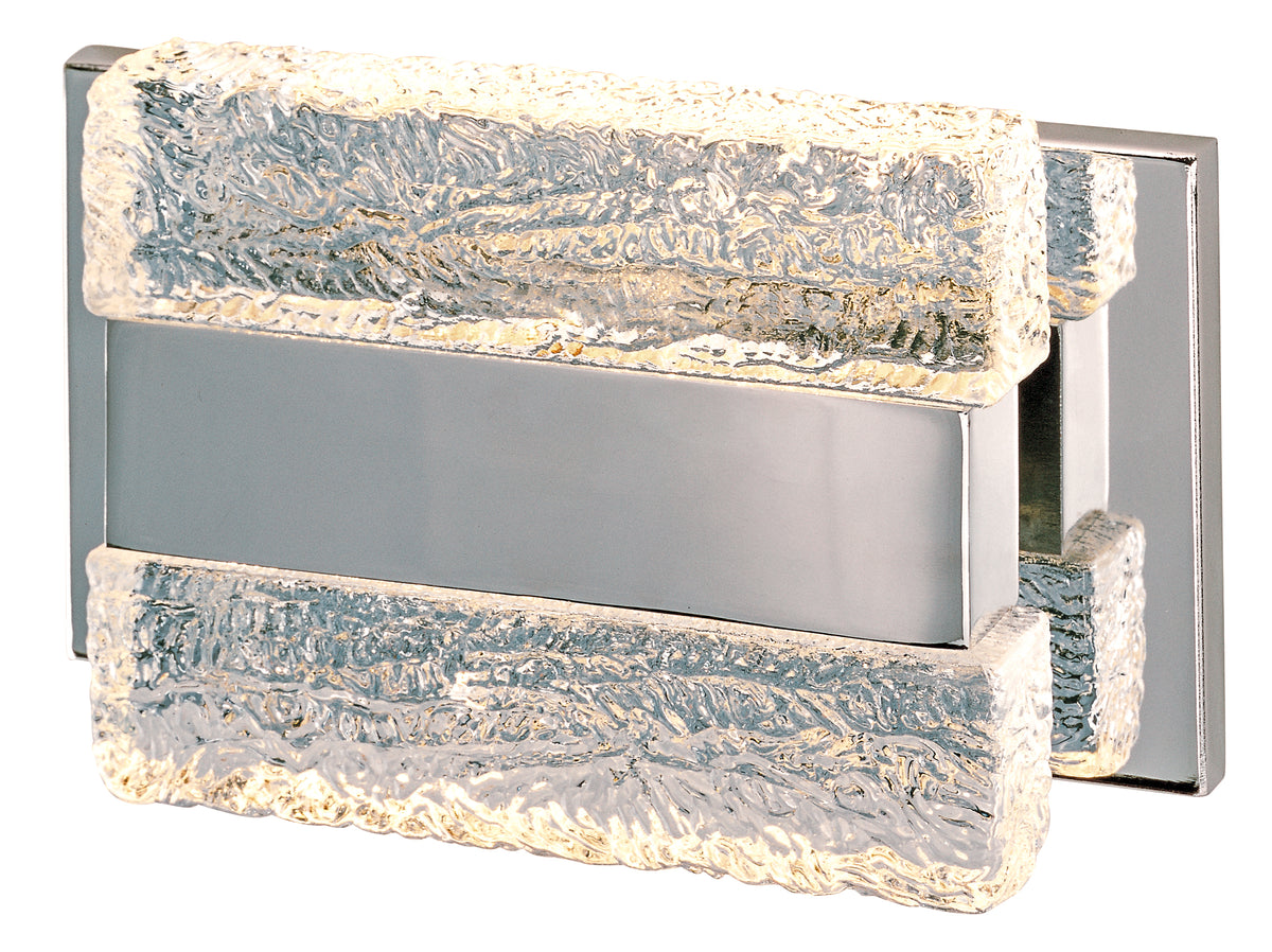 Maxim Ice wall light with textured clear upper and lower blocks around a reflective chrome centre.