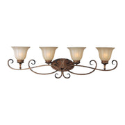 Maxim Fremont vanity light showing its crossed scroll arms and textured oval backplate