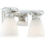 Alternate view of the Metropolitan vanity light showing two flared shades and reflections in its nickel backplate