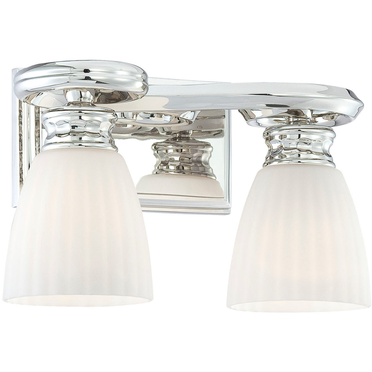 Alternate view of the Metropolitan vanity light showing two flared shades and reflections in its nickel backplate