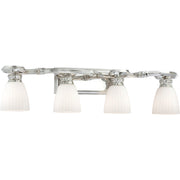 Metropolitan N2804-613 polished nickel vanity light with sculpted arms and four downward etched-white shades