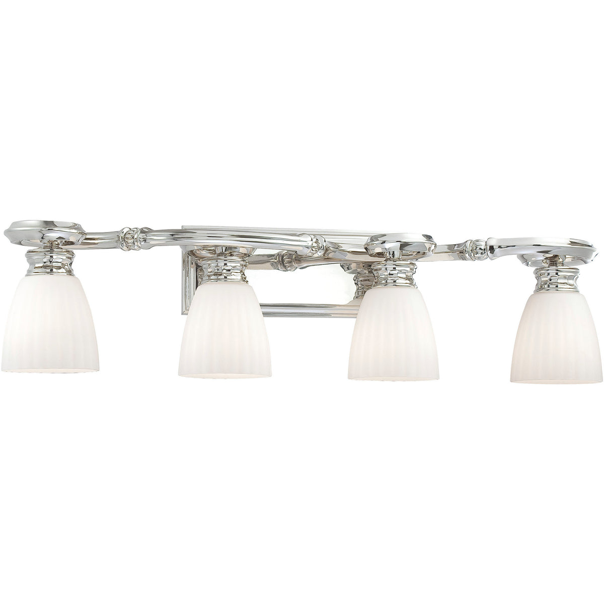 Metropolitan N2804-613 polished nickel vanity light with sculpted arms and four downward etched-white shades