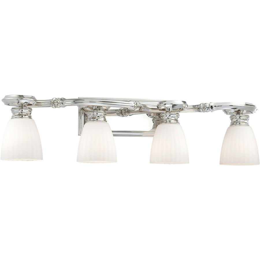 Metropolitan N2804-613 polished nickel vanity light with sculpted arms and four downward etched-white shades