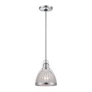 Minka-Lavery chrome mini pendant showing the ribbed glass shade, polished rim and lower metal retainer