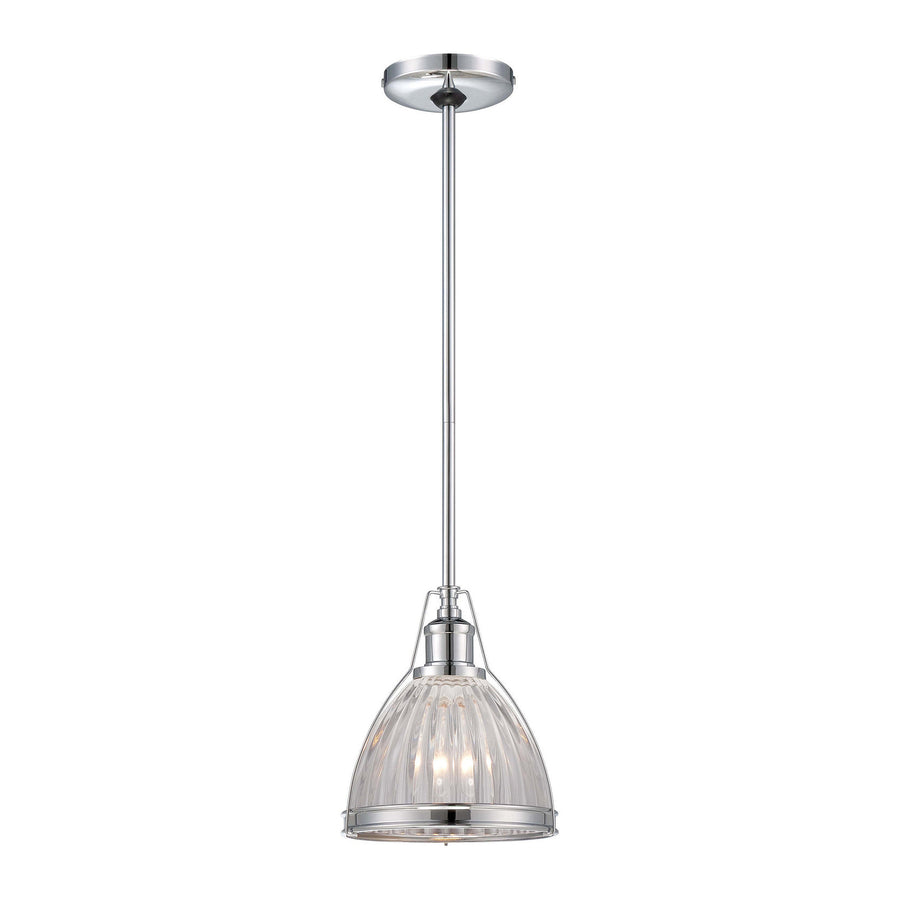 Minka-Lavery chrome mini pendant showing the ribbed glass shade, polished rim and lower metal retainer
