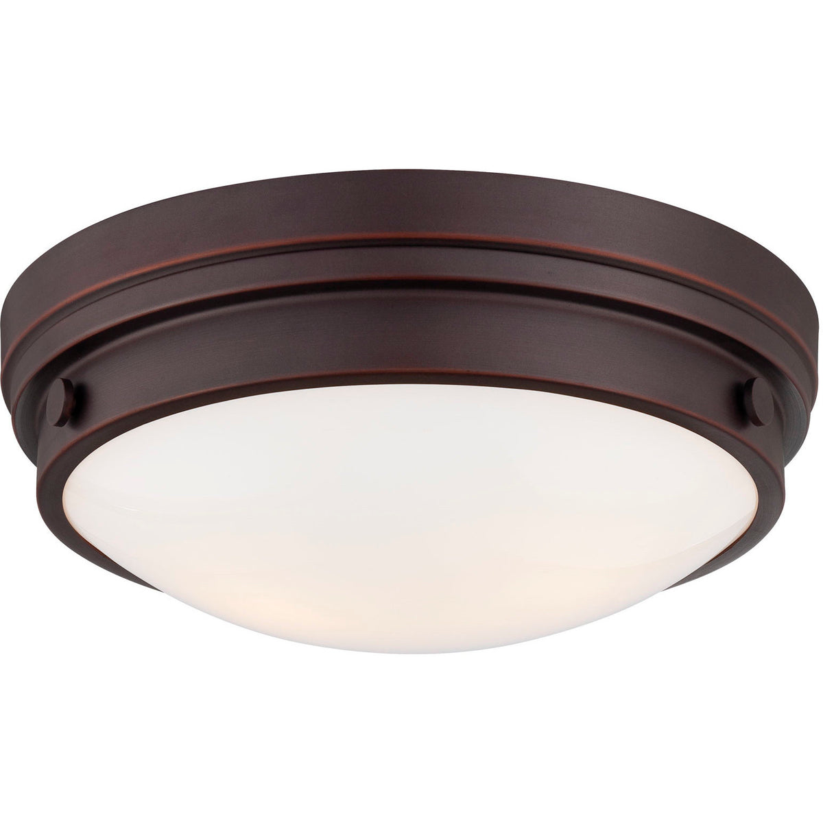 Minka-Lavery Lathan Bronze flush mount showing its layered rim and softly curved white diffuser