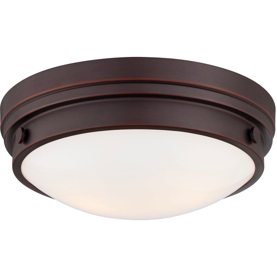Minka-Lavery Lathan Bronze flush mount showing its layered rim and softly curved white diffuser