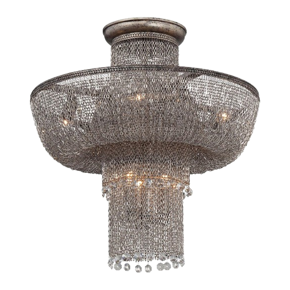 Metropolitan Shimmering Falls light showing tiered metal mesh and hanging clear accents