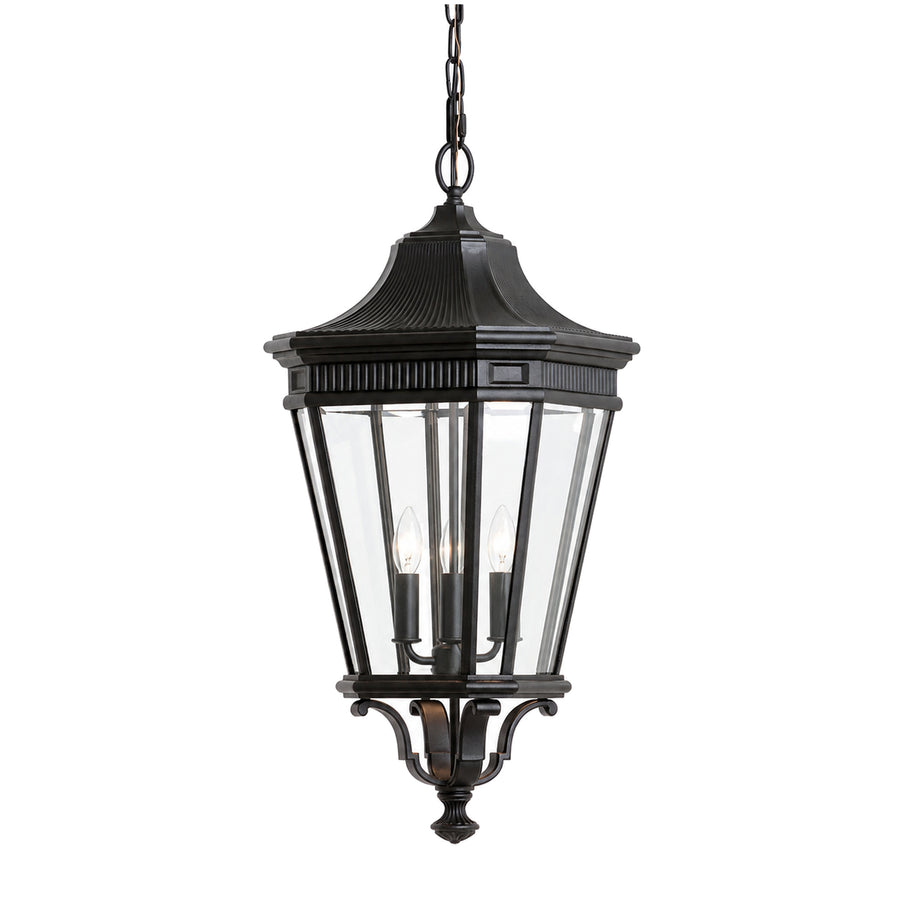 Murray Feiss Cotswold Lane hanging lantern with black framing, clear tapered panels and decorative lower scrollwork