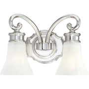 Metropolitan N2842-613 vanity light with polished nickel scroll arms, a scalloped backplate and two downward white shades