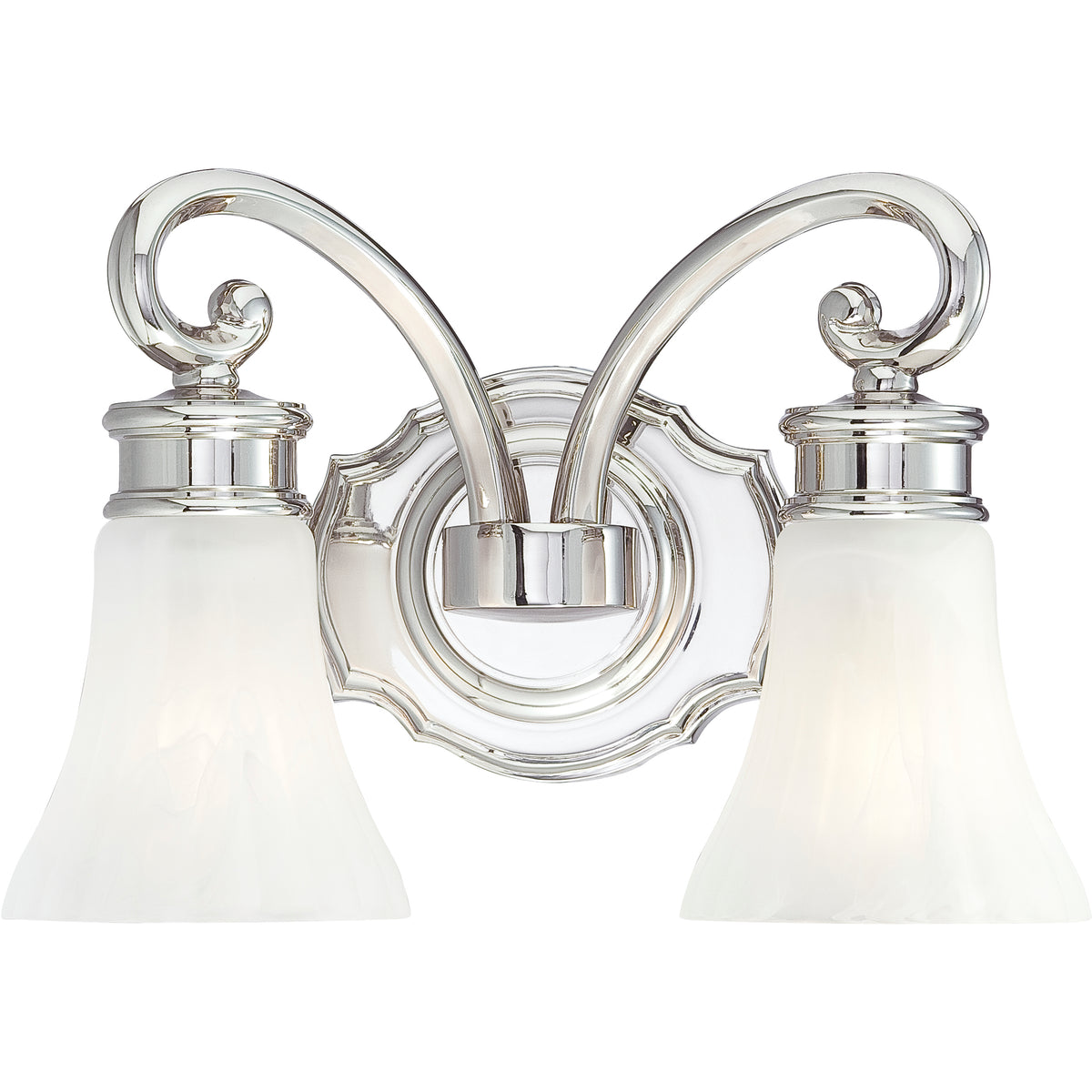 Metropolitan N2842-613 vanity light with polished nickel scroll arms, a scalloped backplate and two downward white shades