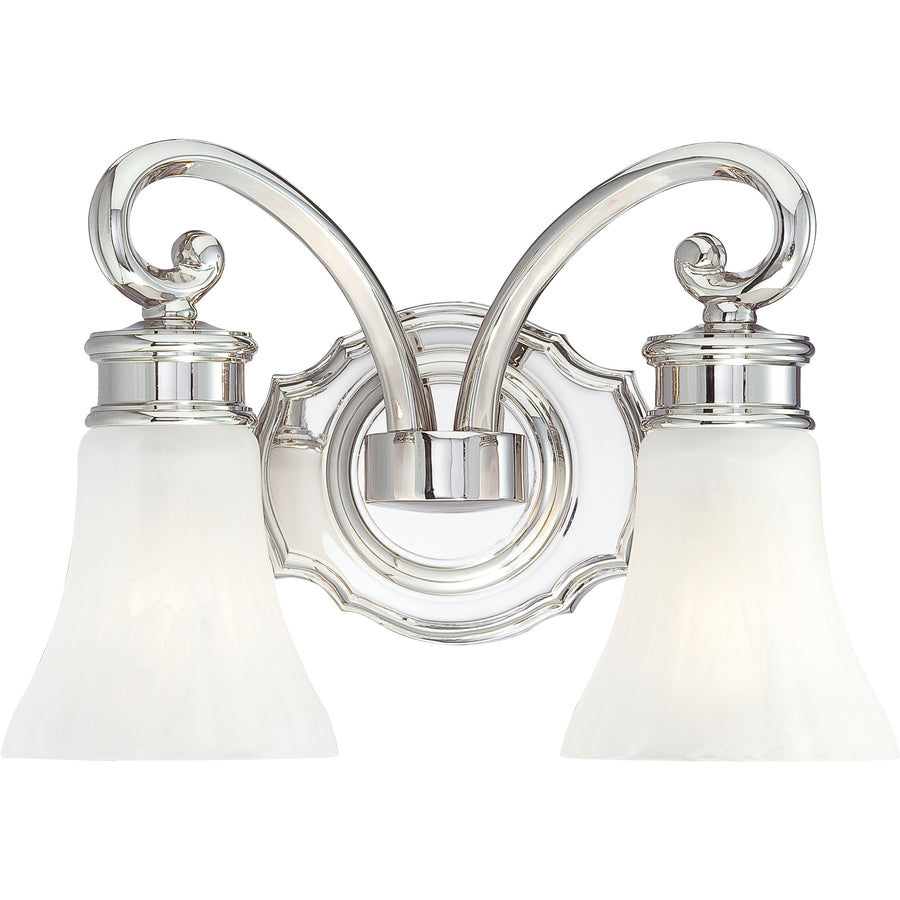 Metropolitan N2842-613 vanity light with polished nickel scroll arms, a scalloped backplate and two downward white shades