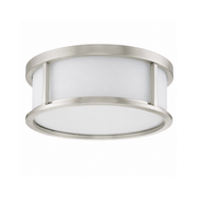 Nuvo Odeon ES flush mount with brushed nickel rings and a white drum diffuser
