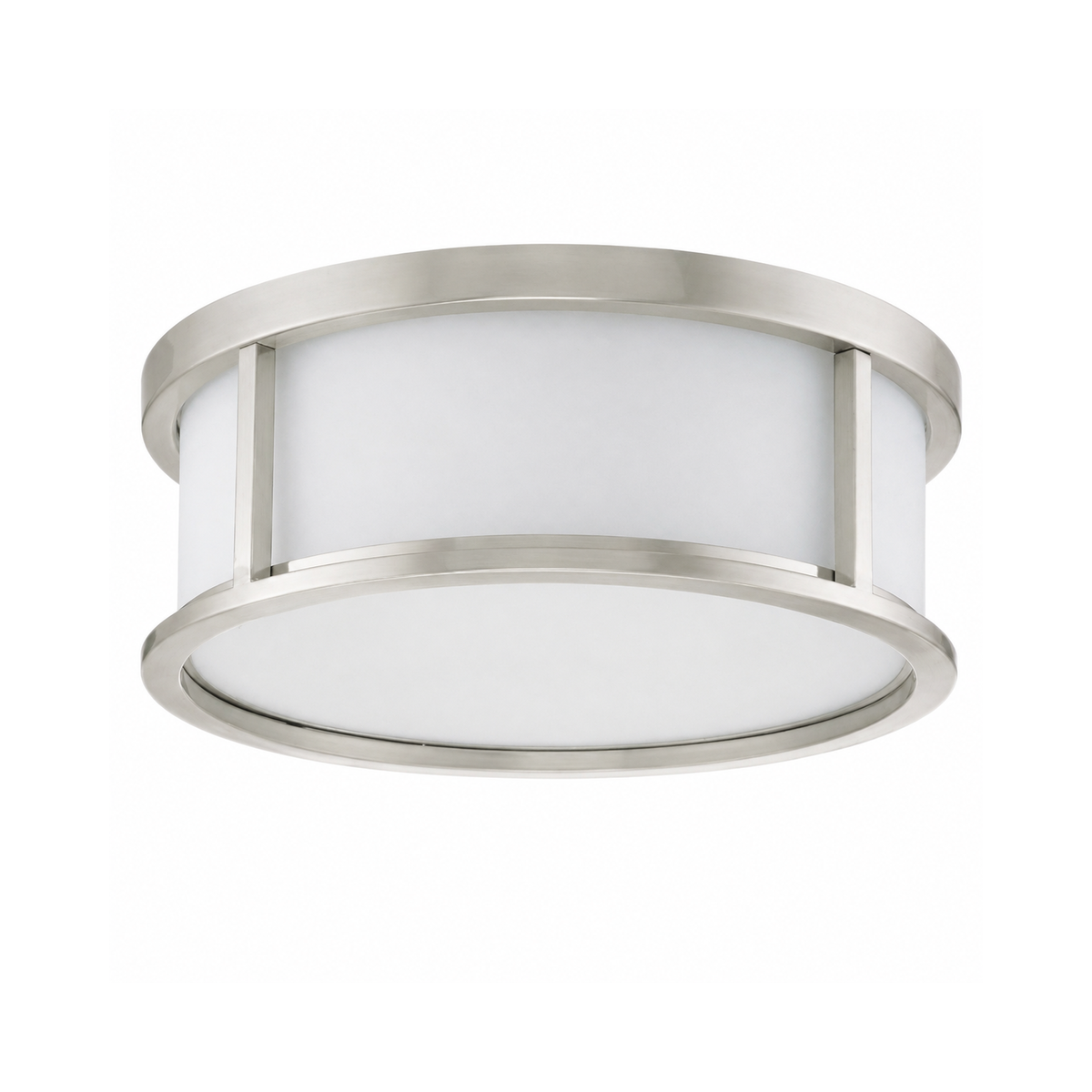 Nuvo Odeon ES flush mount with brushed nickel rings and a white drum diffuser